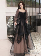 Black Long Sleeves Tulle Sweetheart Party Dress, A-Line Black Evening Dress Prom Dress