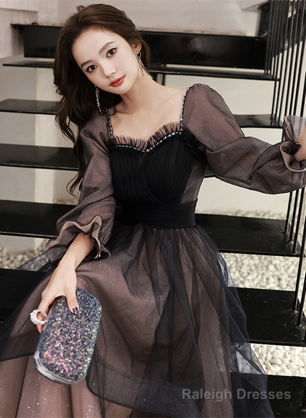 Black Long Sleeves Tulle Sweetheart Party Dress, A-Line Black Evening Dress Prom Dress