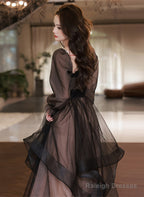 Black Long Sleeves Tulle Sweetheart Party Dress, A-Line Black Evening Dress Prom Dress