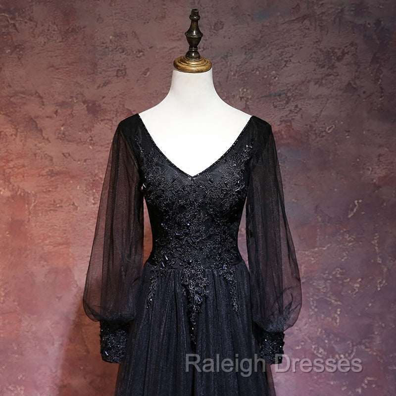 Black Long Sleeves V-neckline Evening Dress, Black Prom Dress