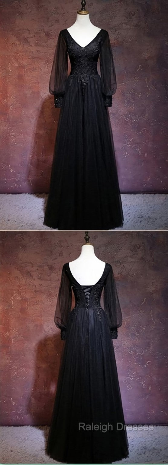 Black Long Sleeves V-neckline Evening Dress, Black Prom Dress Secondary image