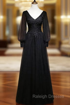 Black Long Sleeves V-neckline Evening Dress, Black Prom Dress