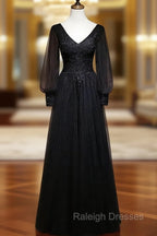 Black Long Sleeves V Neckline Prom Dresses Black Prom Dresses