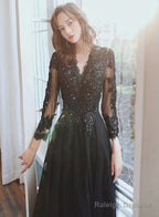 Black Long Sleeves V-Neckline Tulle With Lace Prom Dresses Black Prom Dresses