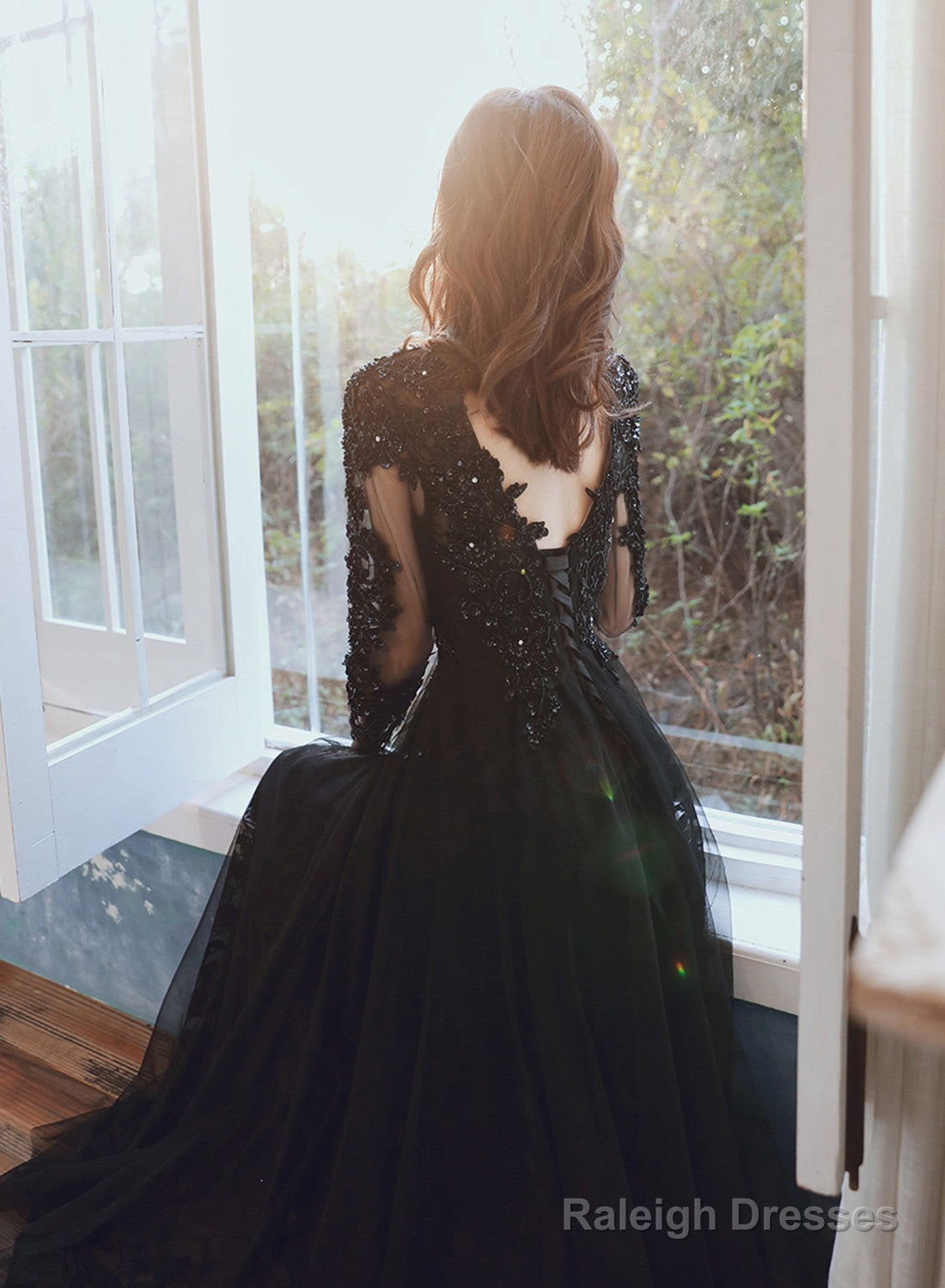 Black Long Sleeves V-Neckline Tulle With Lace Party Dress, Black Evening Party Dress