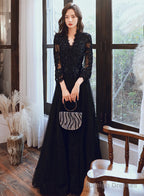 Black Long Sleeves V-Neckline Tulle With Lace Party Dress, Black Evening Party Dress