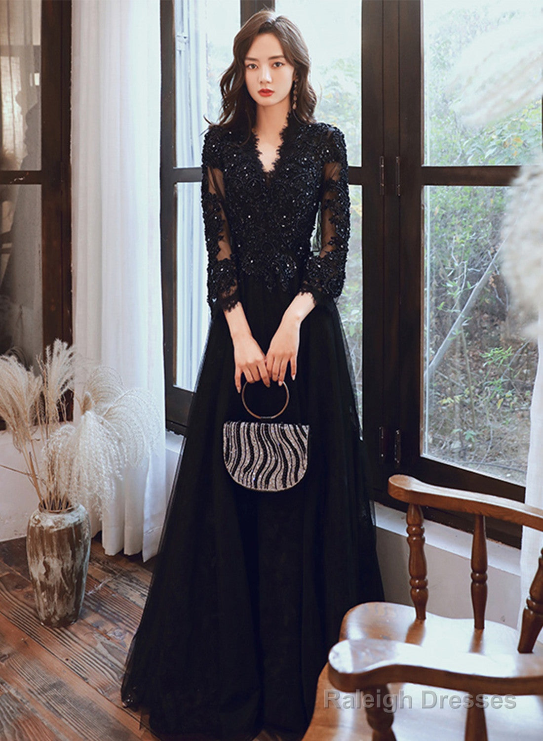 Black Long Sleeves V-Neckline Tulle With Lace Party Dress, Black Evening Party Dress