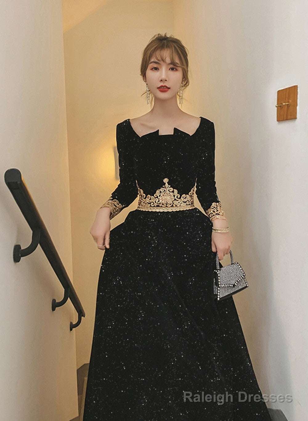 Black Long Sleeves Velvet A-Line Formal Dress, Black Floor Length Party Dress Secondary image
