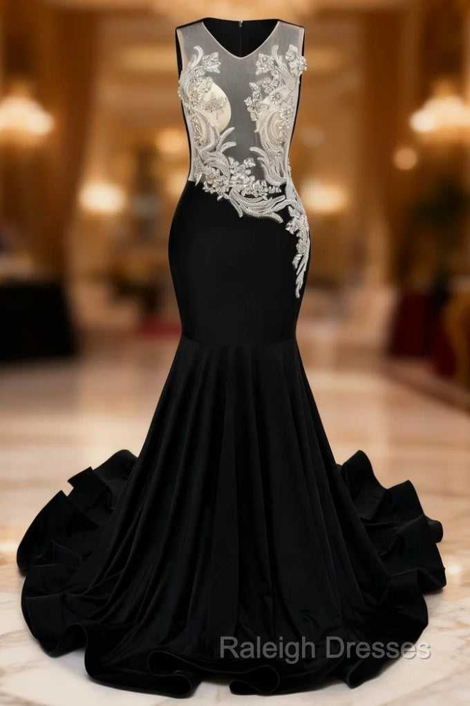 Black Mermaid Appliques Beading Prom Dresses Main image