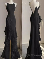 Black Mermaid Beach Wedding Dresses With Ruffles Spaghetti Straps Backless Prom Gown