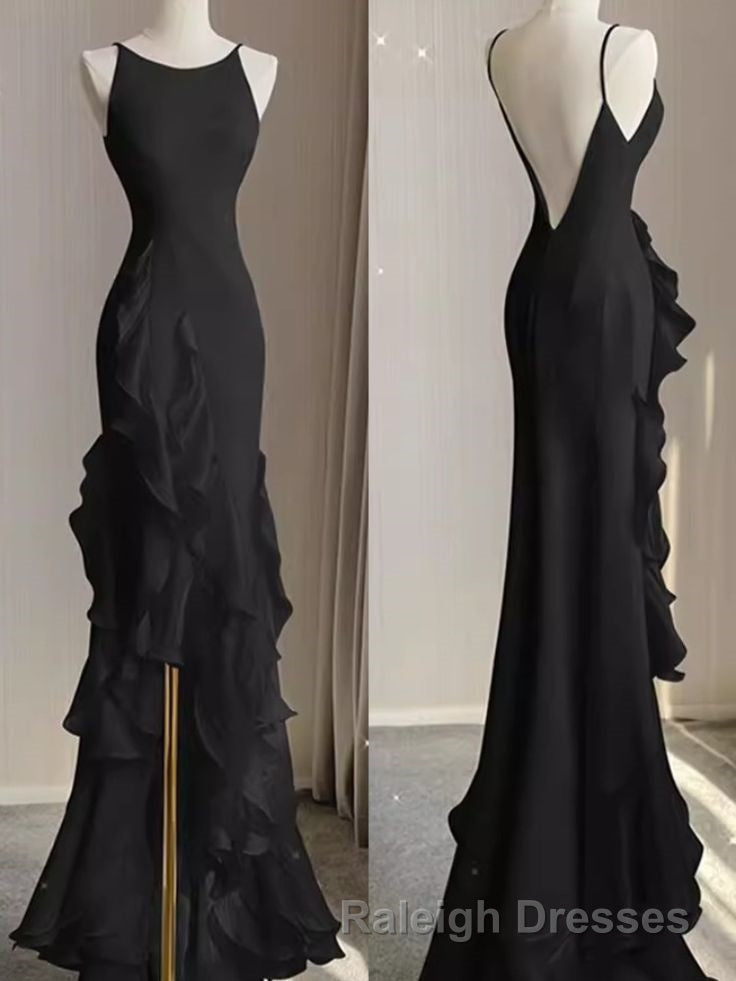 Black Mermaid Beach Wedding Dresses With Ruffles Spaghetti Straps Backless Prom Gown