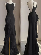 Black Mermaid Beach Wedding Dresses With Ruffles Spaghetti Straps Backless Prom Gowns