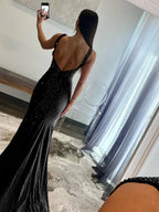 Black Mermaid Deep V-Neck Beaded Satin Long Prom Dress