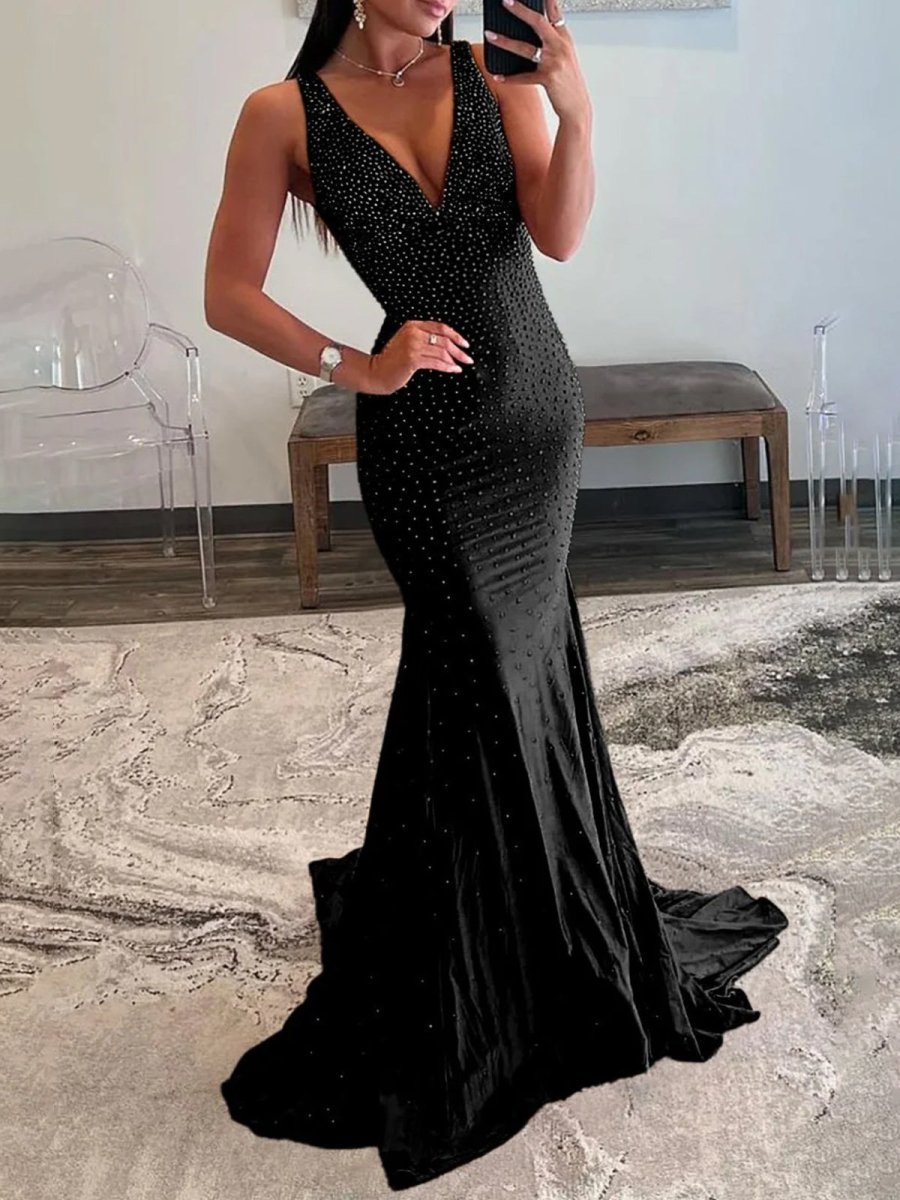 Black Mermaid Deep V-Neck Beaded Satin Long Prom Dress Main image
