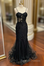 Black Mermaid Lace Long Prom Dress, Black Lace Evening Dress