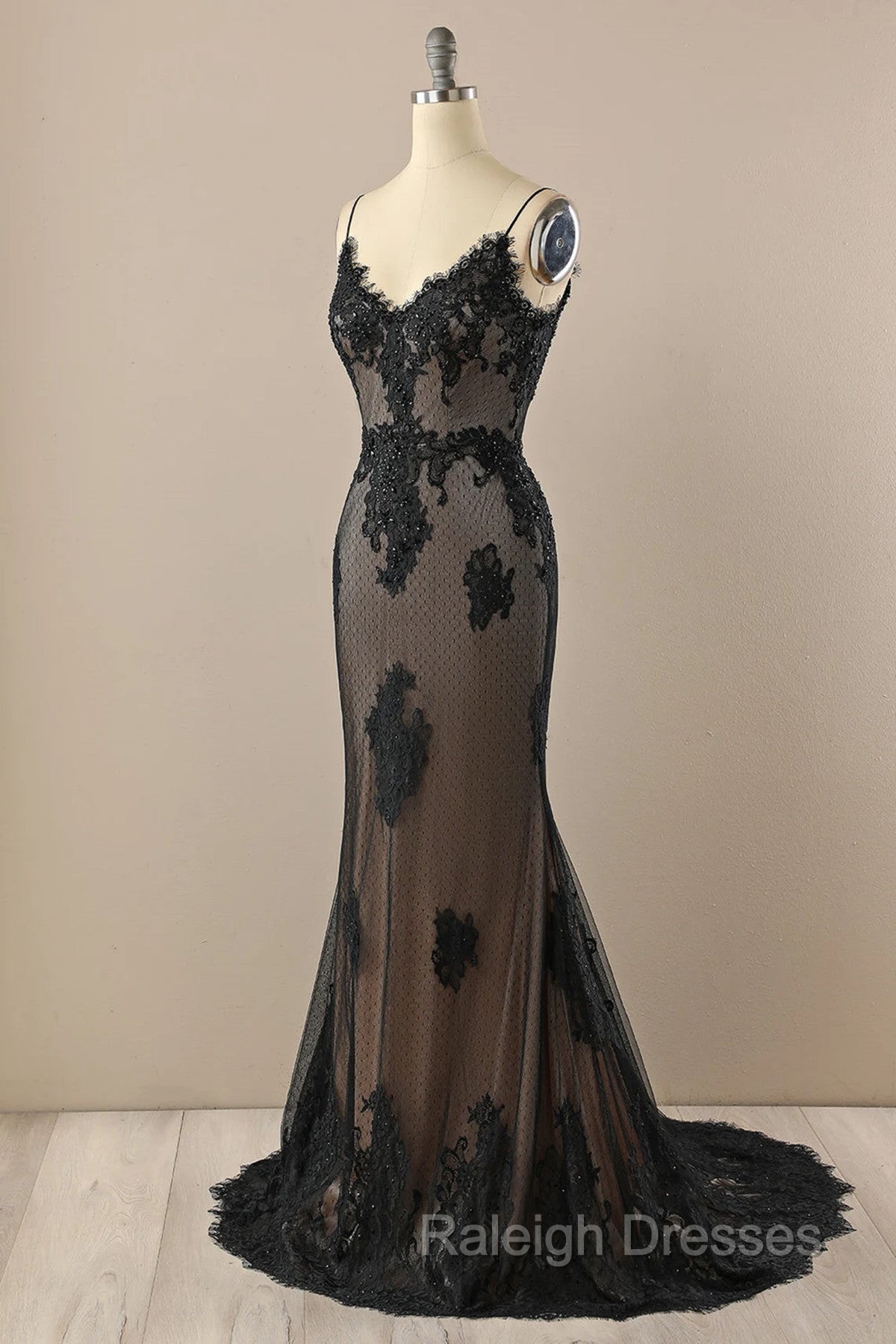Black Mermaid Lace Straps Evening Dress Party Dress, Black Long Prom Dress Secondary image