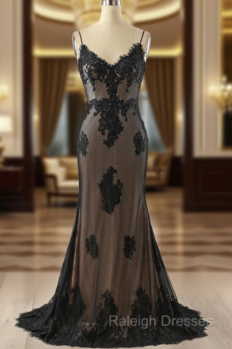 Black Mermaid Lace Straps Prom Dress, Black Long Prom Dress Main image