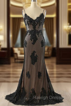 Black Mermaid Lace Straps Prom Dress, Black Long Prom Dress