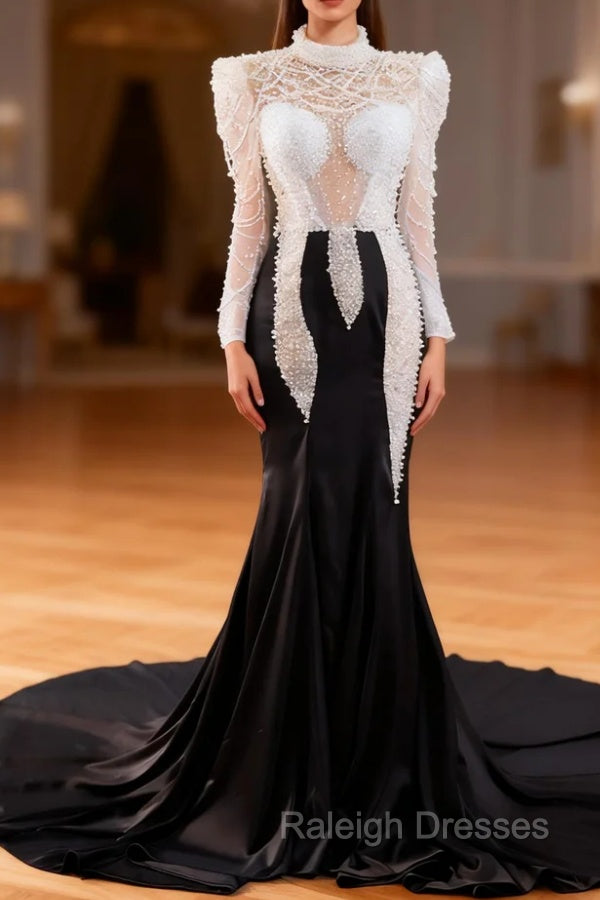 Black Mermaid Long Sleeve Pearls Prom Dress