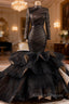 Black Mermaid Long Sleeve Pleats Prom Dresses