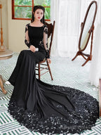 Black Mermaid Long Sleeves With Lace Wedding Prom Dresses Black Mermaid Prom Dresses