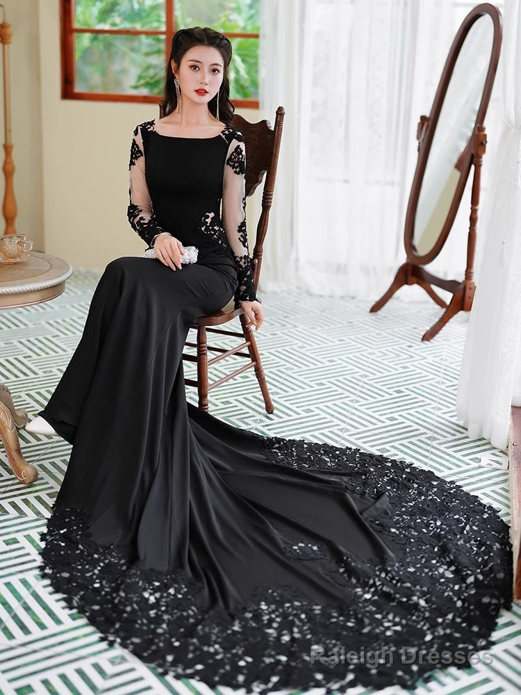 Black Mermaid Long Sleeves With Lace Wedding Prom Dresses Black Mermaid Prom Dresses