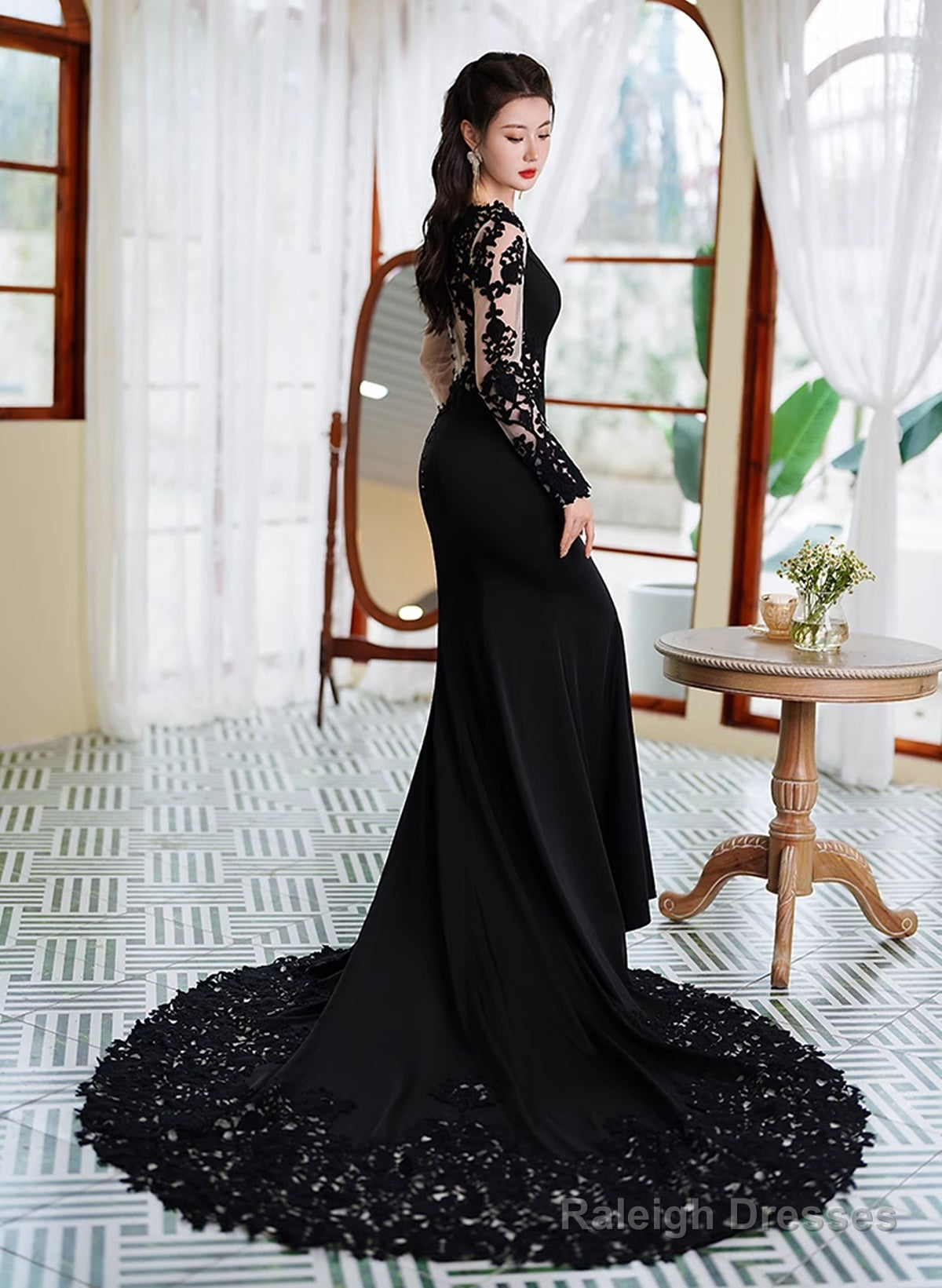 Black Mermaid Long Sleeves With Lace Wedding Party Dress, Black Mermaid Prom Dress Main image
