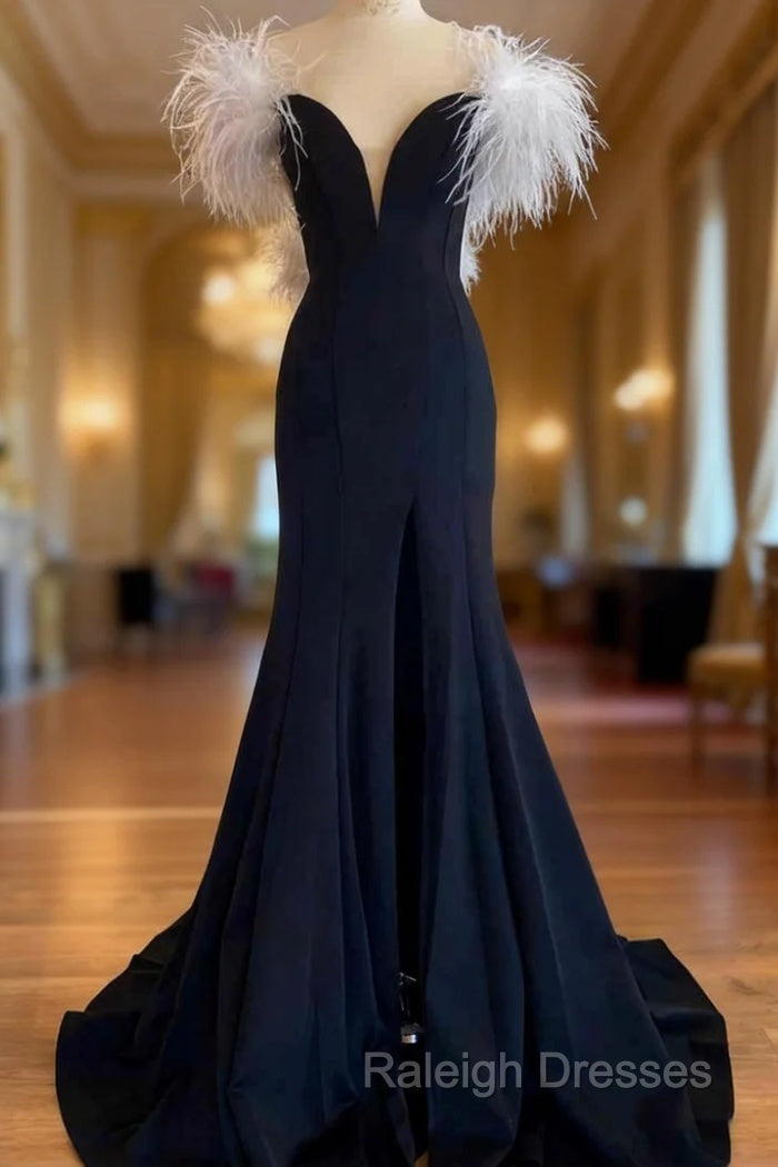 Black Mermaid Off the Shoulder Feather Prom Dress