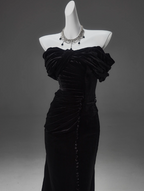 Black Mermaid Off-The-Shoulder Velvet Long Prom Dress, Elegant Evening Dress
