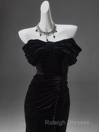 Black Mermaid Off-The-Shoulder Velvet Long Prom Dress, Elegant Quinceanera Dress