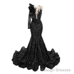 Black Mermaid One Sleeve Prom Dresses Sequined Lace Jewel Ruffles Prom Prom Dress with Appliques