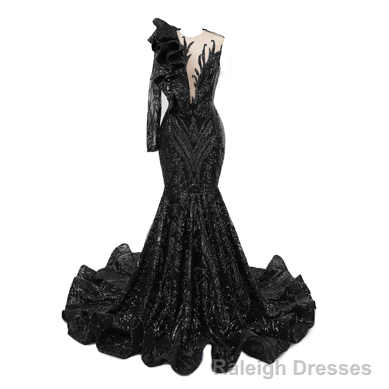 Black Mermaid One Sleeve Prom Dresses Sequined Lace Jewel Ruffles Prom Prom Dress with Appliques