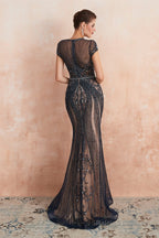 Mermaid Round Neck Long Prom Dresses with Crystal Beading