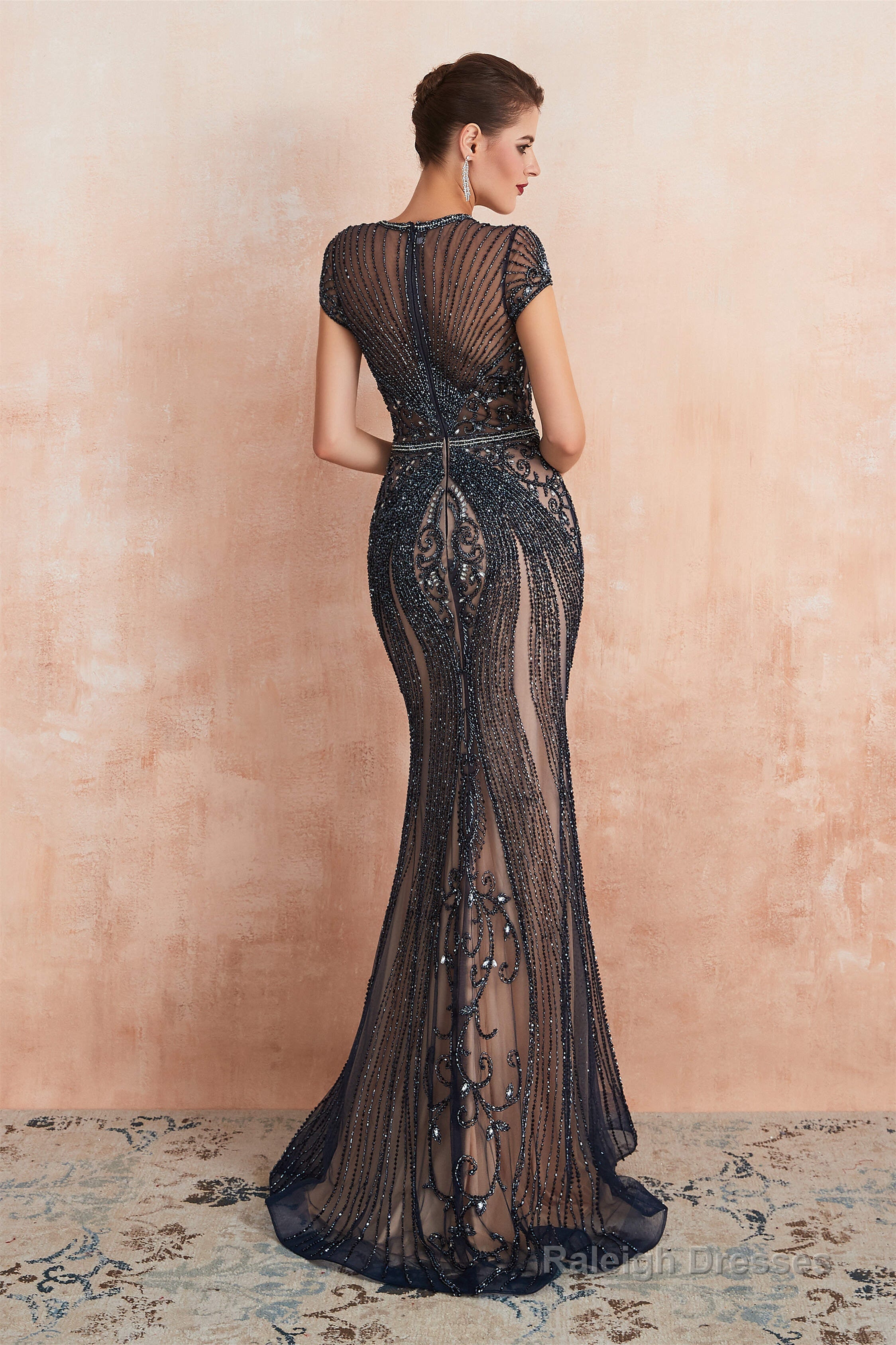 Mermaid Round Neck Long Prom Dresses with Crystal Beading