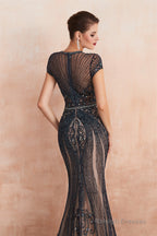 Mermaid Round Neck Long Prom Dresses with Crystal Beading