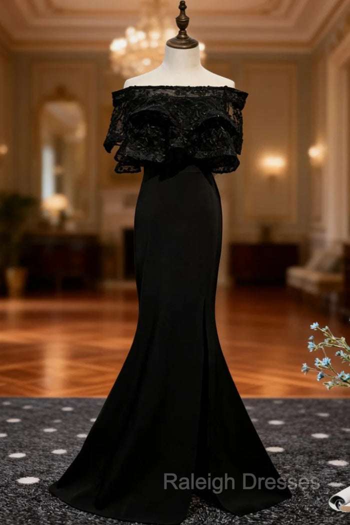 Black Mermaid Satin Off the Shoulder Prom Dress With Split Main image