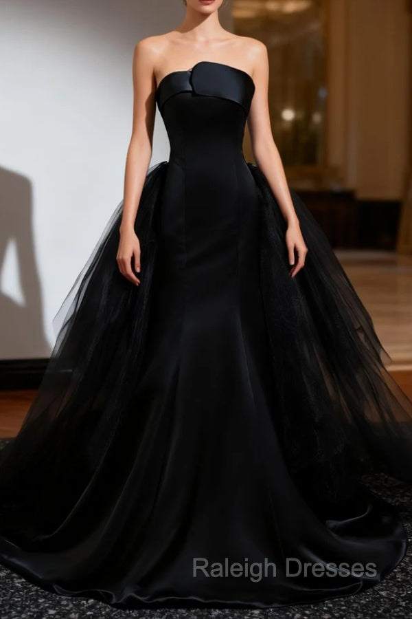 Black Mermaid Satin Tulle Strapless Prom Dresses Main image