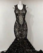 Black Mermaid Sequin Rosette Prom Dress