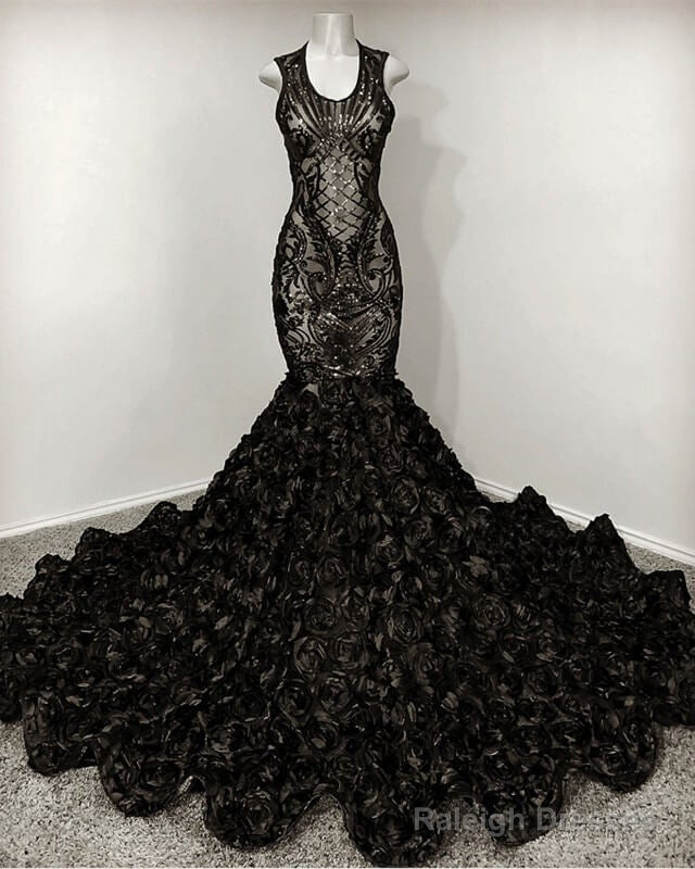 Black Mermaid Sequin Rosette Prom Dresses Main image