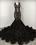 Black Mermaid Sequin Rosette Prom Dress
