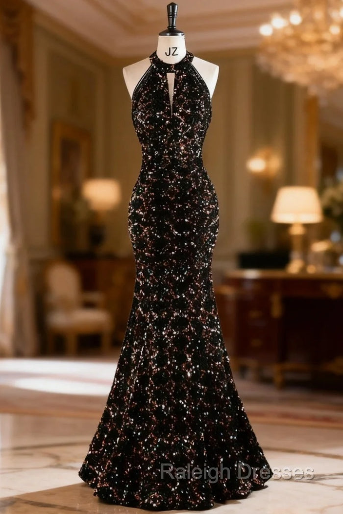Black Mermaid Sequins Halter Beading Prom Dress Main image