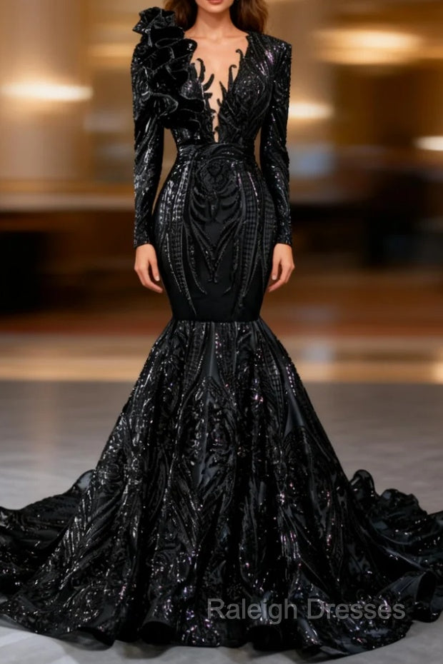 Black Mermaid Sequins Long Sleeve Ruffls Long Prom Dress