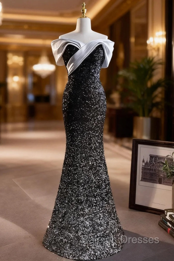Black Mermaid Sequins Off the Shoulder Prom Dress