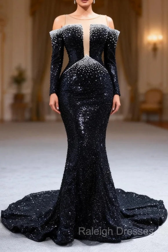 Black Mermaid Sequins Pearls See Through Neck Prom Dresses Main image