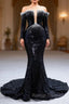 Black Mermaid Sequins Pearls See Through Neck Prom Dresses