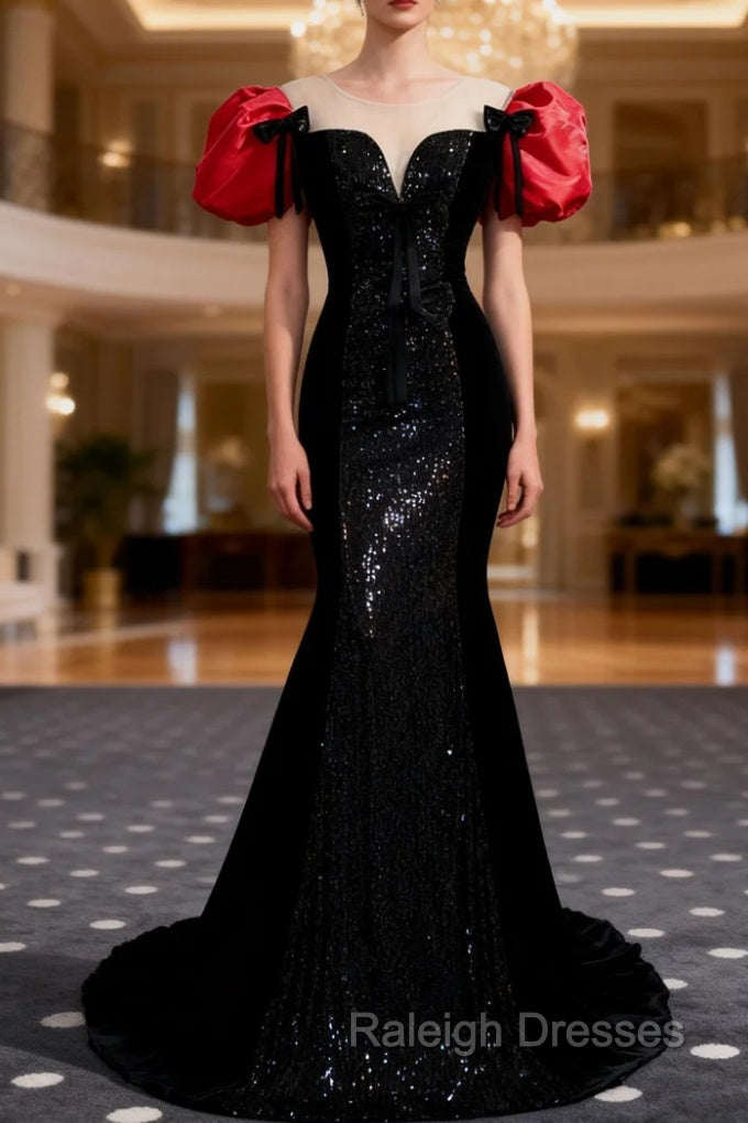 Black Mermaid Sequins Puff Sleeve Prom Dress Main image