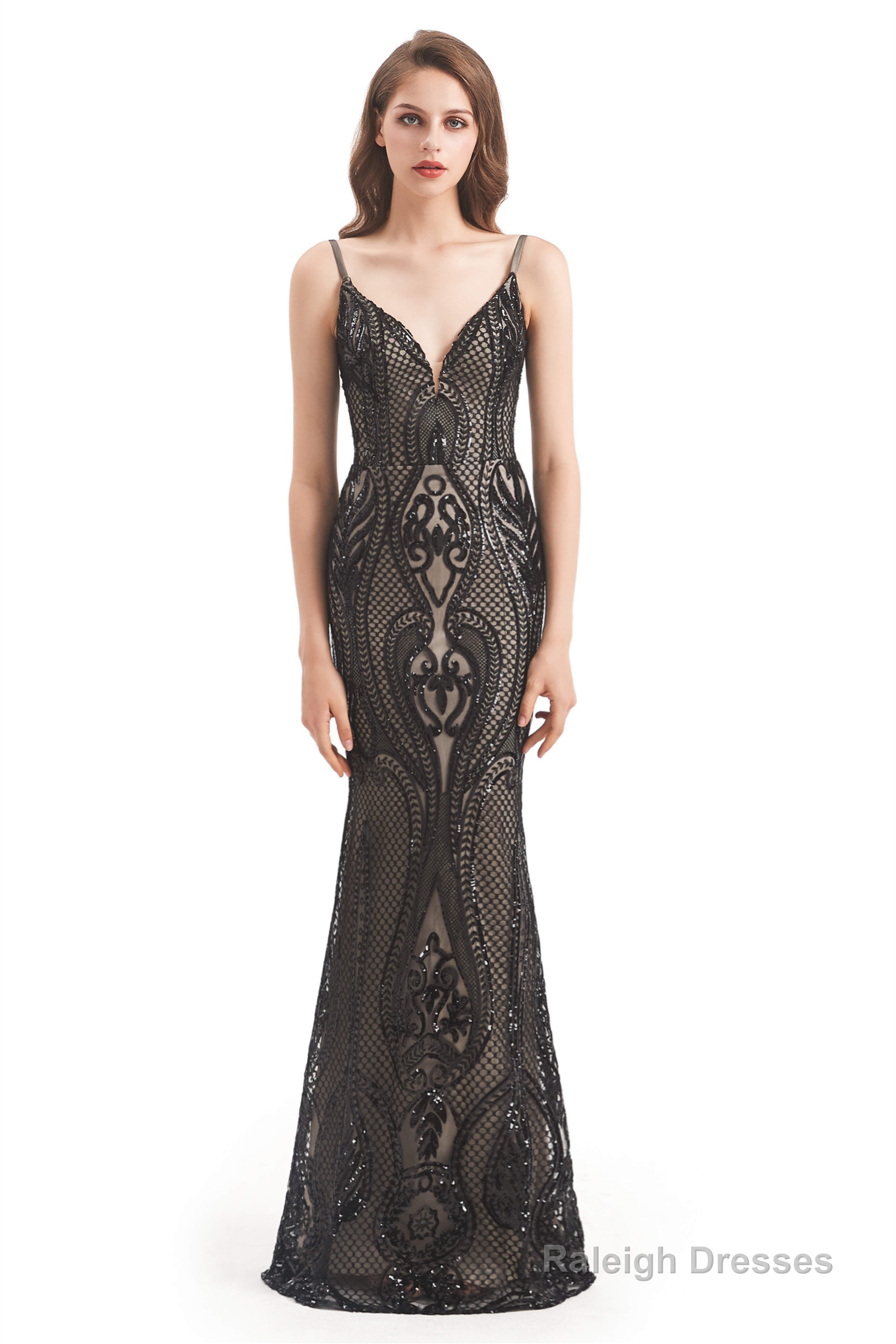 Mermaid Sequins Spaghetti Straps Prom Dresses With Detachable Train