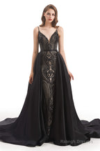 Mermaid Sequins Spaghetti Straps Prom Dresses With Detachable Train