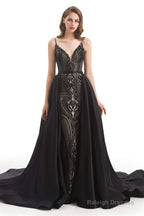 Mermaid Sequins Spaghetti Straps Prom Dresses With Detachable Train