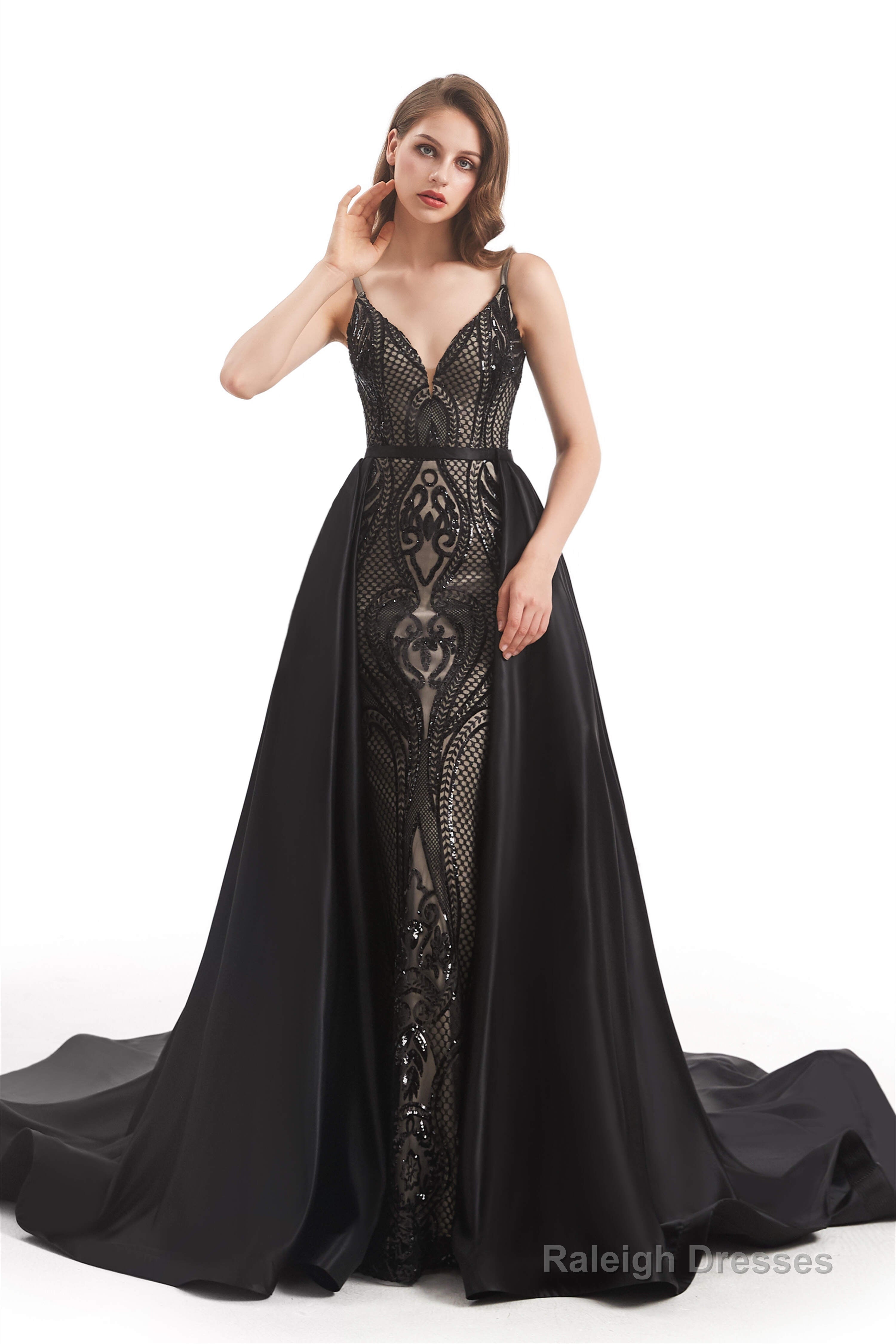 Mermaid Sequins Spaghetti Straps Prom Dresses With Detachable Train